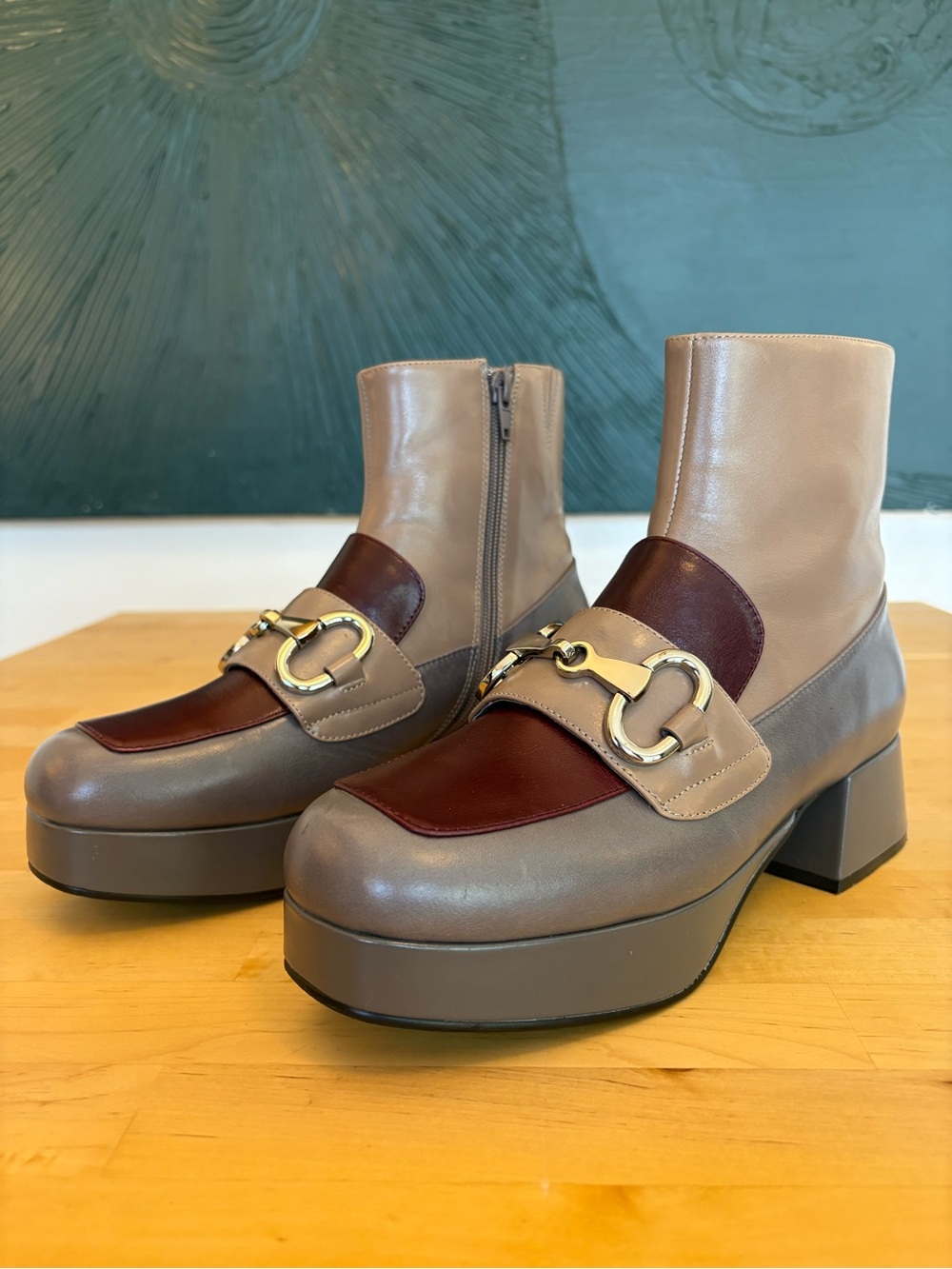 Jeffrey Campbell Prepster Platform Bit Bootie Taupe Wine Horsebit Loafer Boot 8
